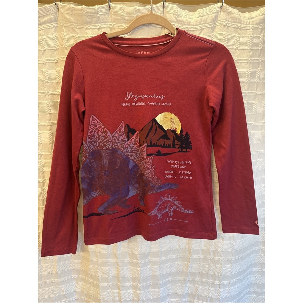 NWT Fatface Burgandy Embordered Stegosaurus Long Sleeve Top Dinosaur 100% Cotton